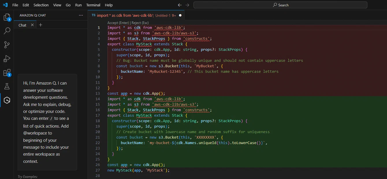 Amazon Q Developer 在 VS Code 中显示代码差异与接受拒绝按钮