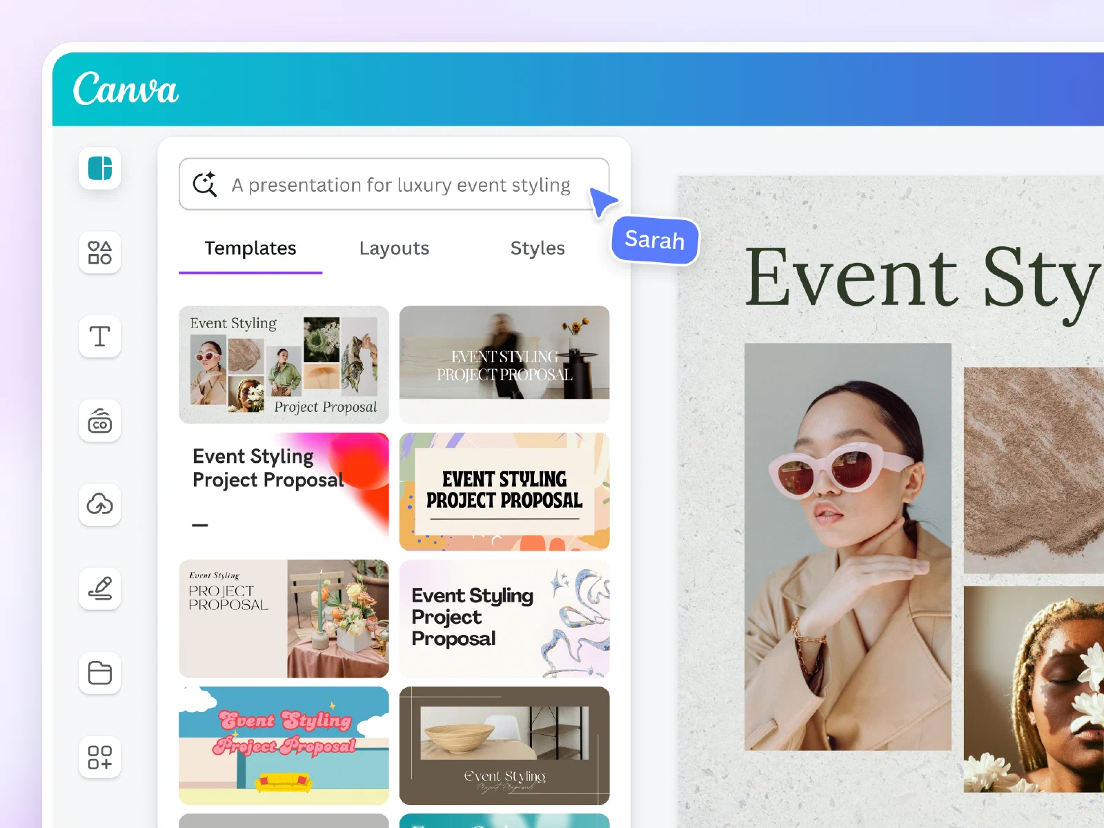 Canva 编辑器中的设计提示词、模板列表、侧栏工具和活动提案画布