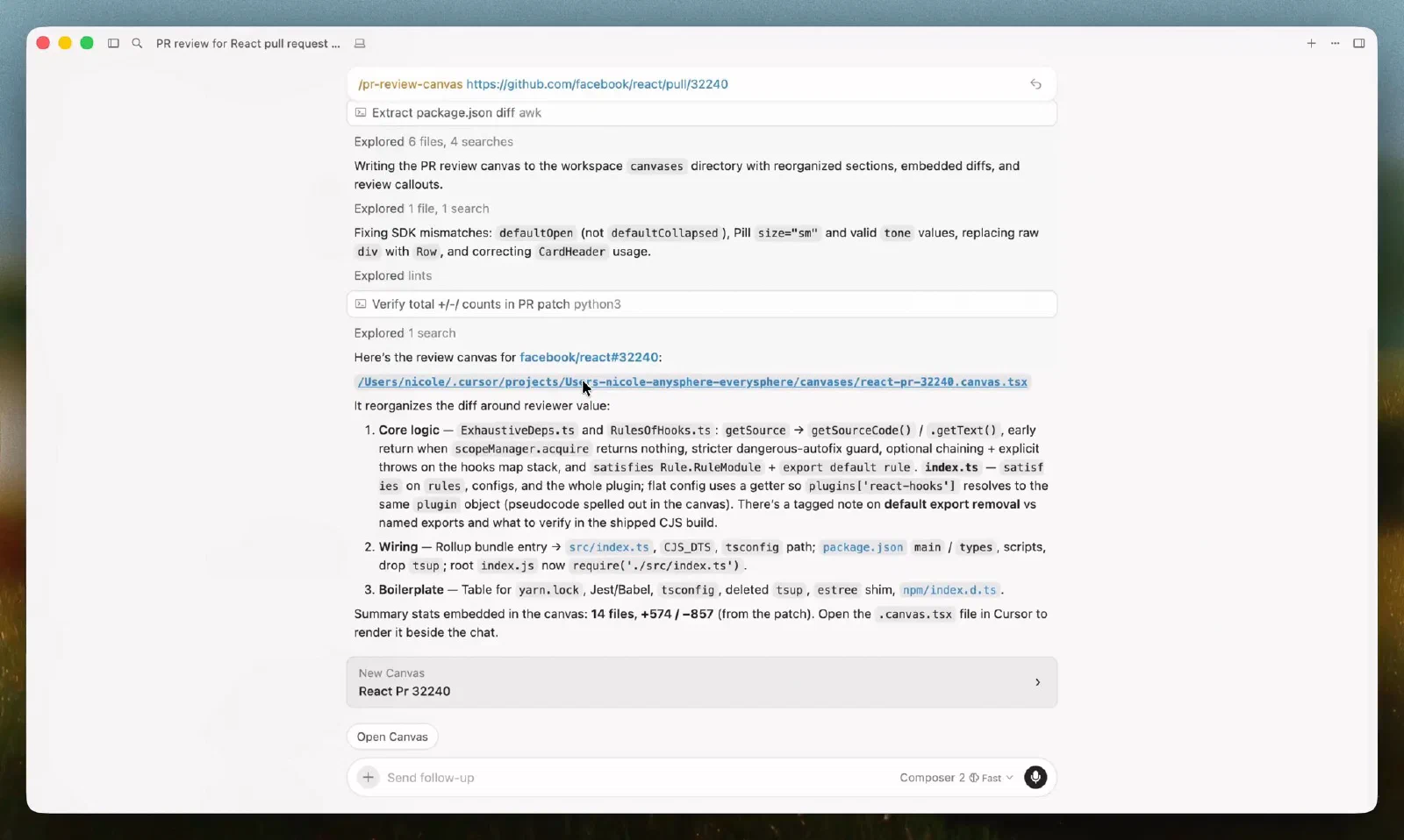 Cursor 官方 Canvas 演示中的 React PR 分析对话、生成的审阅文件和 Open Canvas 入口
