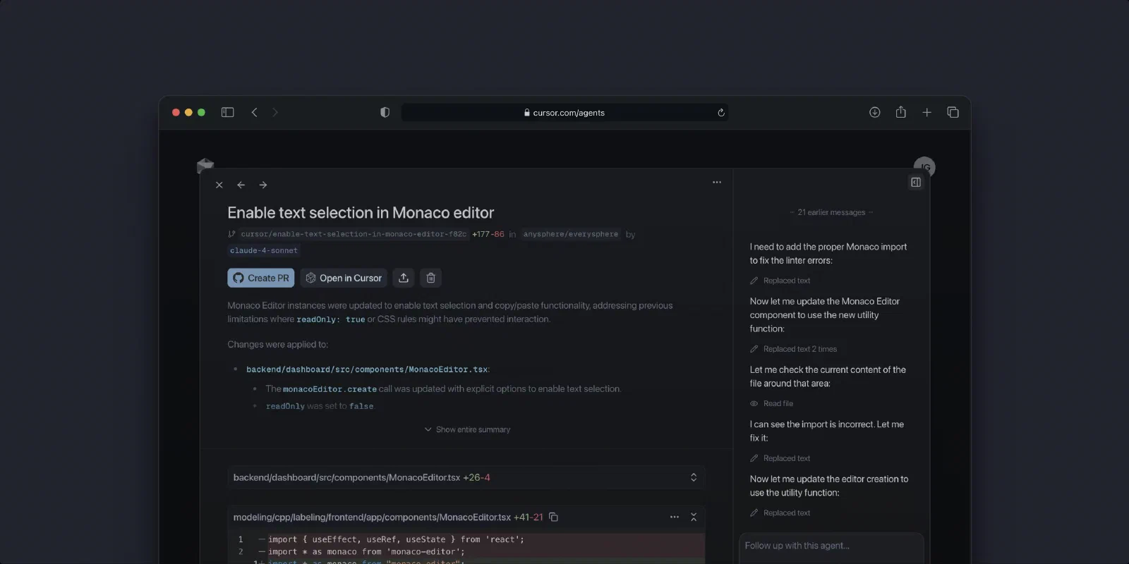 Cursor 网页任务中并排显示修改摘要、文件差异、执行记录和 Create PR 按钮