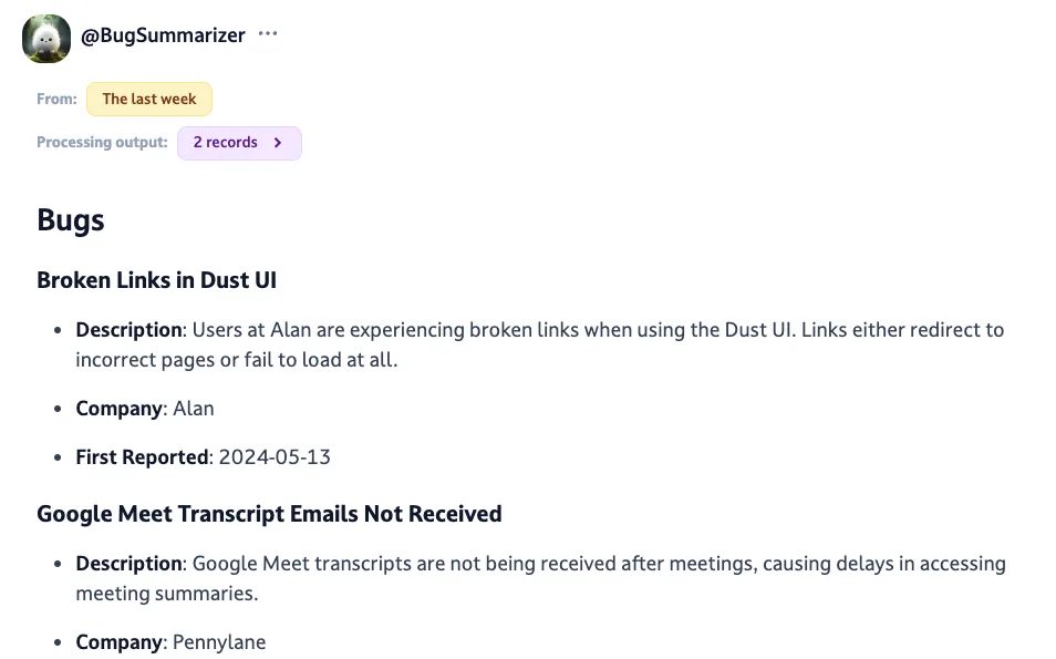 Dust 官方示例中的 BugSummarizer 提取结果与记录入口