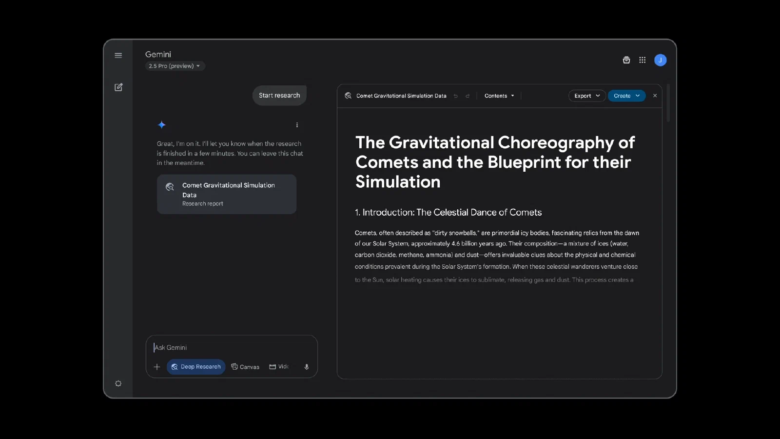 Gemini Deep Research 研究任务与报告并排界面