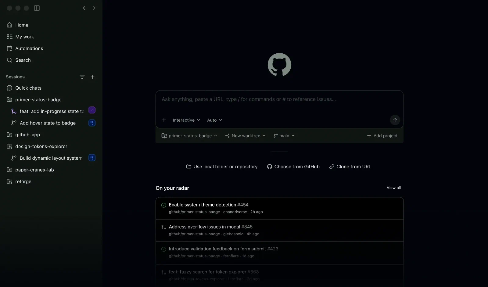GitHub Copilot 任务输入、项目与会话列表