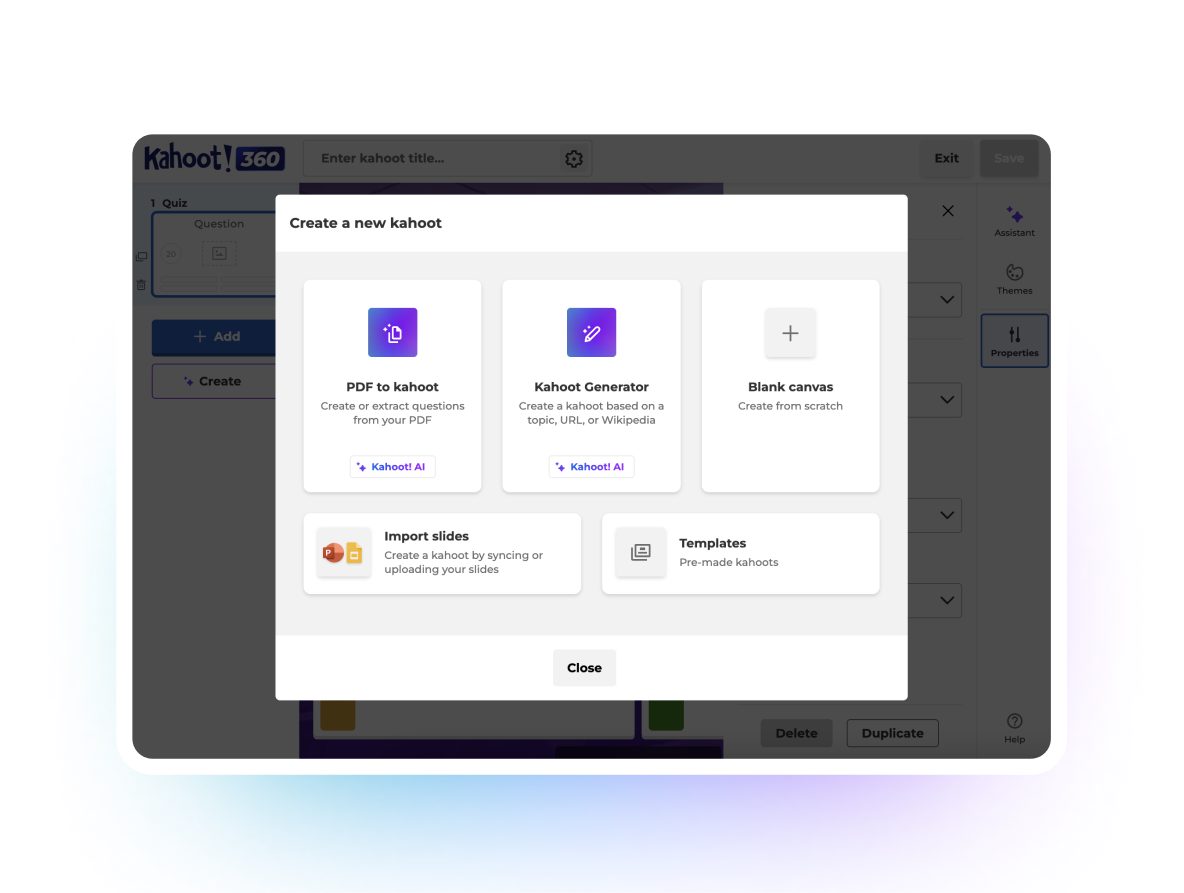 Kahoot 测验编辑器中的新建方式选择
