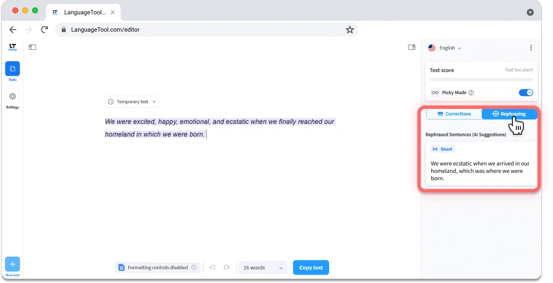 LanguageTool 选中文本与改写建议侧栏