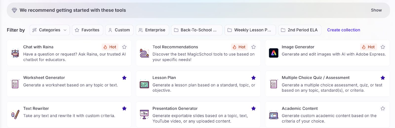 MagicSchool 教师工具页的分类、收藏及教学工具卡片