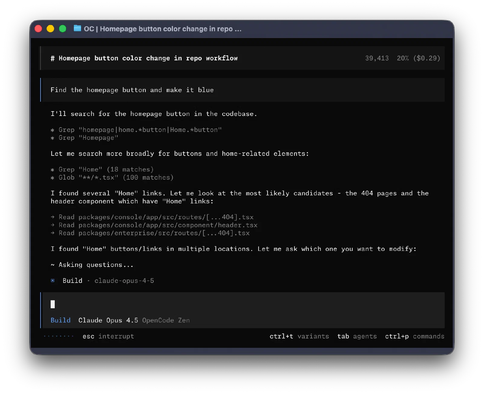 OpenCode 终端中的代码搜索、任务提问和模型状态栏