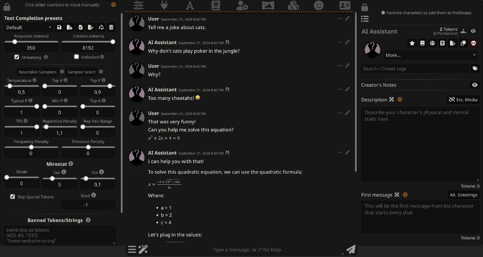 SillyTavern 角色对话、生成参数与角色信息