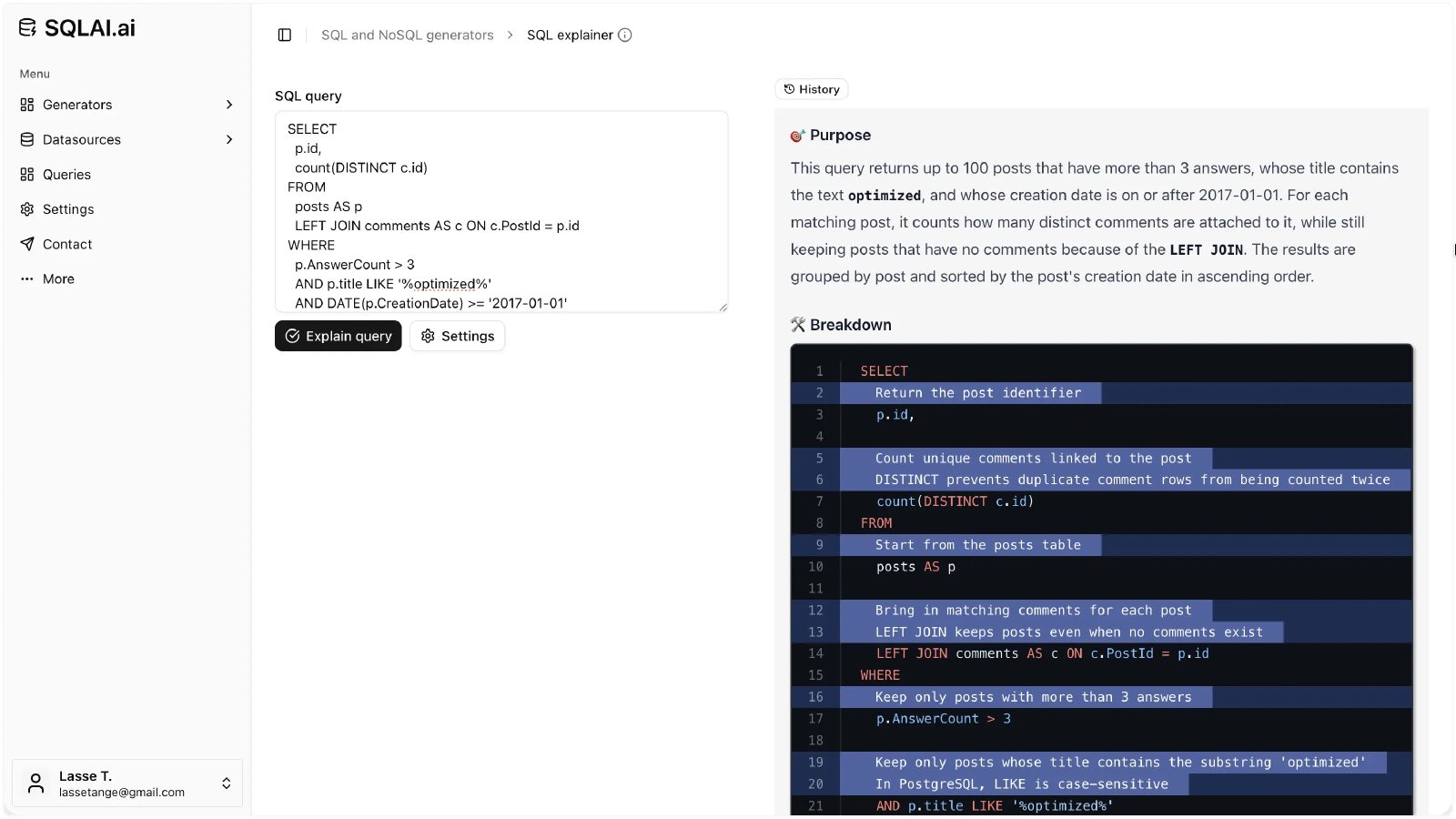 SQLAI.ai 的 SQL 输入、解释按钮与分段说明