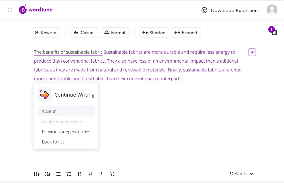 Wordtune 编辑器中的改写、语气、长短调整和 Continue Writing 建议