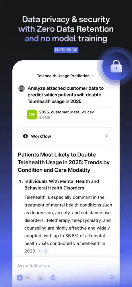 You.com iOS 应用中的 CSV 附件、分析回答、引用编号和追问输入框