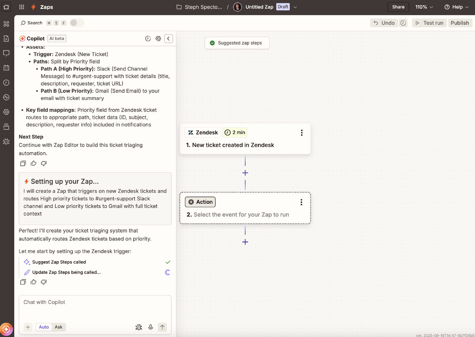 Zapier 的 Copilot 对话与 Zap 节点编辑器